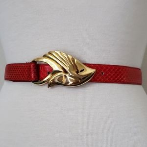 Vintage red leather gold hardware waist belt western‎ art deco boho snake Small